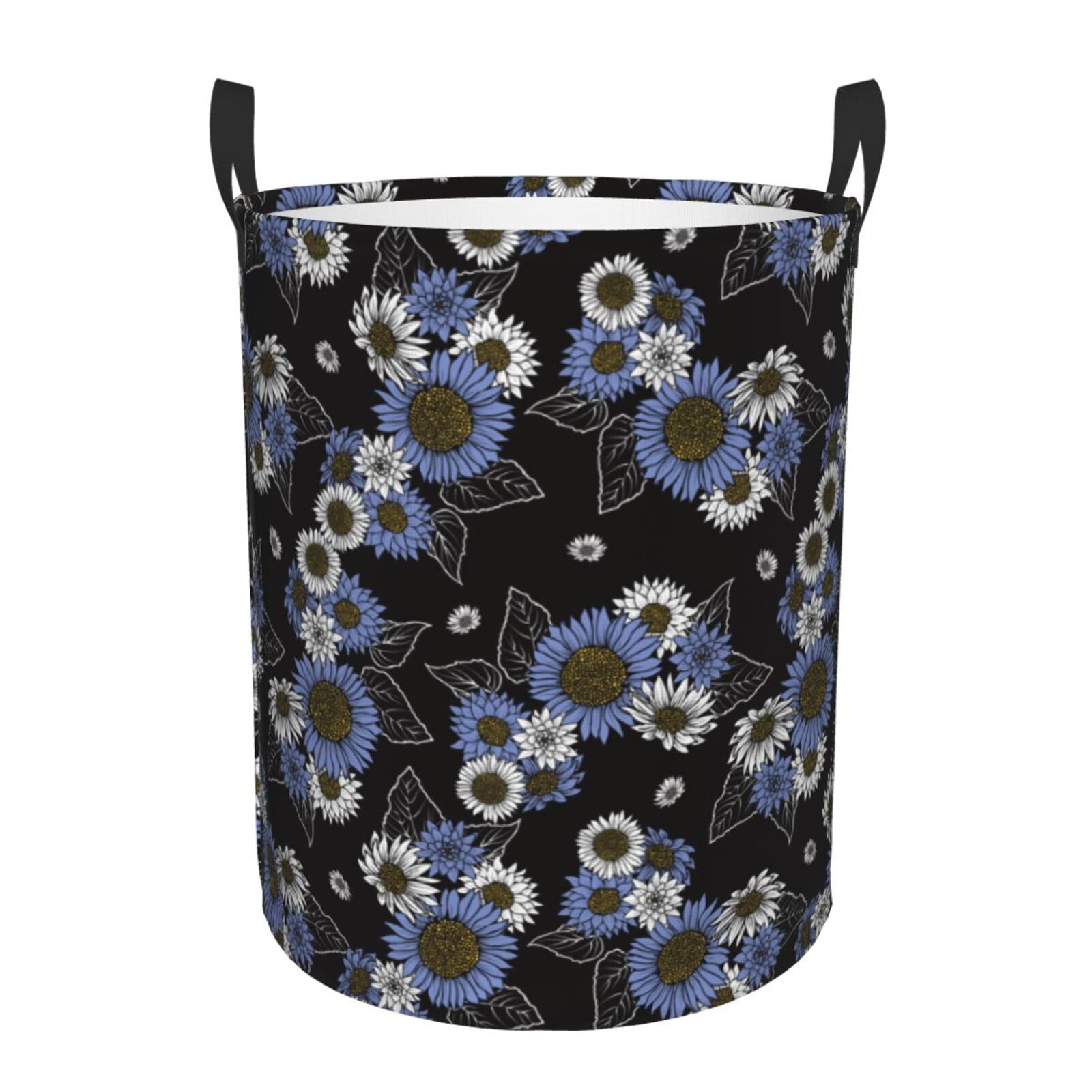 Sunflowers Blue White Round Laundry Basket, Laundry Hamper with Handle