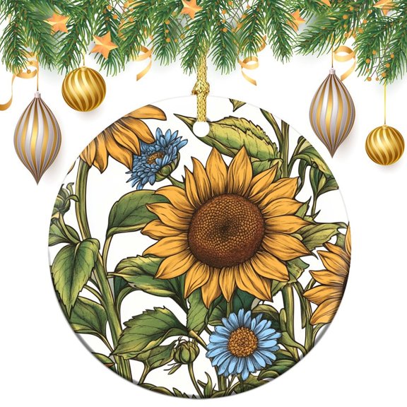 Sunflowers And Blue Wildflowers Christmas Ornament Vintage Yellow Style Natural Floral Ceramic Double Sided Tree Xmas Ornament Christmas Tree Ceramic Ornament Decoration for Woman Friend Birthday