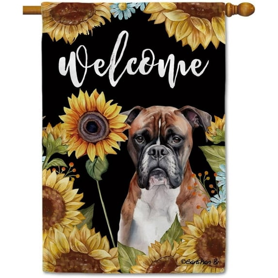 Sunflowers Boxer House Flag Watercolor Dog Floral Spring Summer Decor Flag for Outdoor Yard Double Side 28X40 Inch