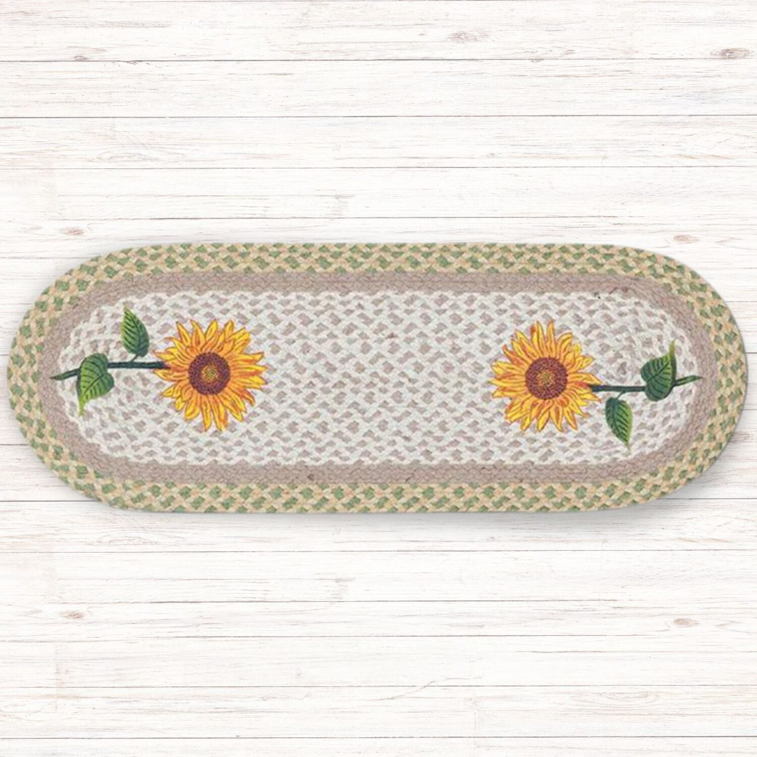 Sunflowers Braided Oval Table Runner - 100% Natural Jute and Hand Stenciled
