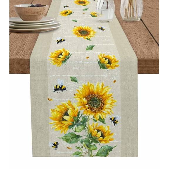 Sunflowers Burlap Cotton Table Runner 14x72 Inches Long, Farmhouse Botanical Yellow Flowers Bee Retro Farmhouse Table Runners, Outdoor Dining Tablecloths Decor for Baby Shower/Party/Wedding