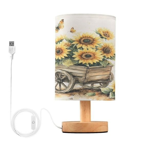 Sunflowers and Butterflies Small Lamp Printed Gifts Table Lamp USB Bedside Desk Nightstand Lamp Wood Base for Bedroom Living Room Office Desk College Dorm
