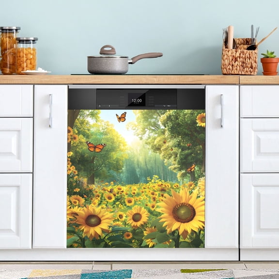 Sunflowers Butterflies Trees in Forest Dishwasher Magnet Refrigerator Magnetic Cover Washing Machine Magnet Sticker Kitchen Decor