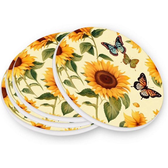 Sunflowers Butterfly Coasters Absorbent Moisture Non-Slip Drink Coaster Ceramic Stone with Cork Base Desktop Protection, 4PCS