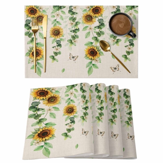 Sunflowers Butterfly Placemats Set of 12 Spring Floral Pastoral Rustic Place Mats Indoor Wipeable Table Mats Washable Cloth Dining Table Placemats for Kitchen Holiday Party Home Decor 13x19 Inch
