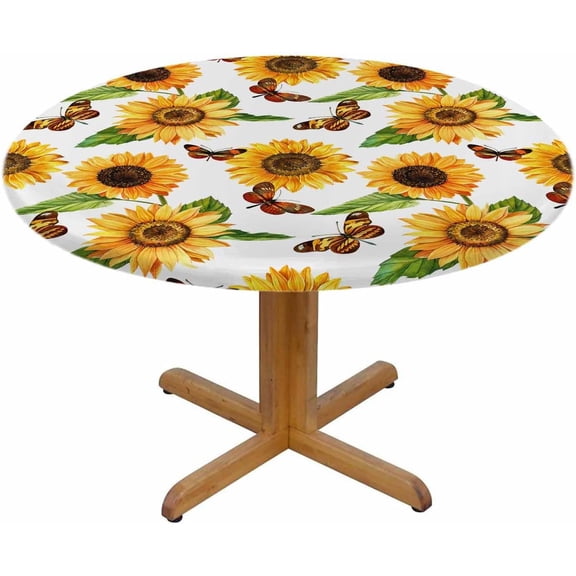 Sunflowers Butterfly Round Table Cloth Watercolor Floral Butterflies Elastic Edged Table Cover Fade And Stain Resistant Table Cloths Easy To Clean Fits Tables 40-44" Diameter