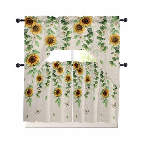 Sunflowers Butterfly Swag Kitchen Curtains Sets for Windows 24 Inch Length, Spring Floral Pastoral Rustic Short Window Curtain Panels Swags Valances and Tiers 3 Piece Set for Cafe/Dining Room
