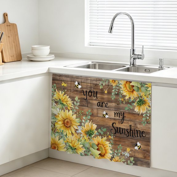 Sunflowers Cabinet Curtains for Kitchen 10"W x 11"L, Country Watercolor Summer Floral Bee Brown Wood Grain Under Sink Skirt Magic Tape Short Curtain Decorative Privacy Panel for Bathroom Laundry