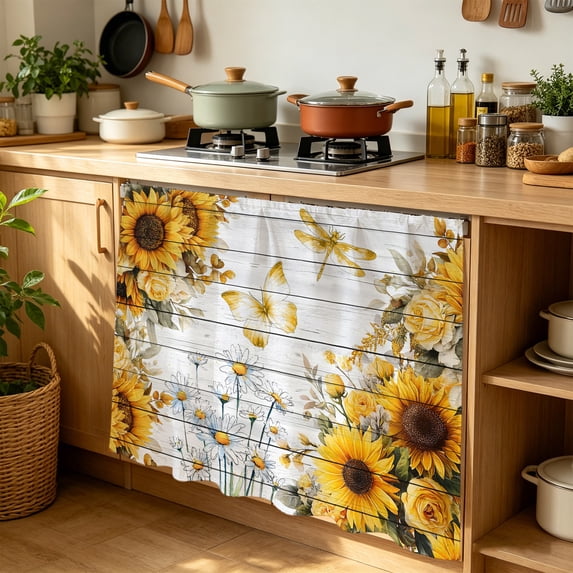 Sunflowers Cabinet Curtains for Kitchen 35"W x 35"L, Spring Daisy Floral Butterfly Dragonfly White Wood Grain Laundry Sink Cabinets Magic Tape Short Curtain Privacy Panel for Bathroom Vanity Cabinets