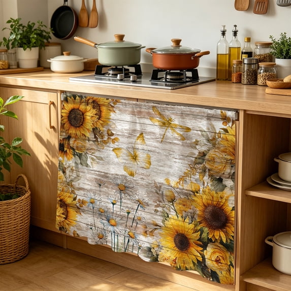 Sunflowers Cabinet Curtains for Kitchen 35"W x 35"L, Spring Daisy Floral Butterfly Dragonfly Wood Grain Laundry Sink Cabinets Magic Tape Short Curtain Privacy Panel for Bathroom Vanity Cabinets