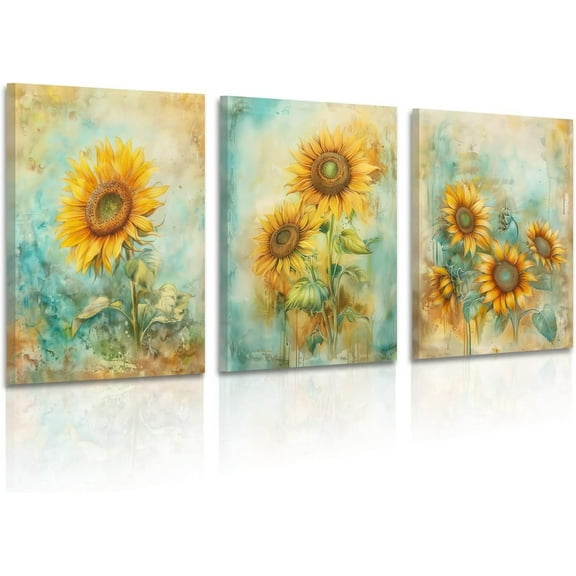 Sunflowers Canvas Wall Art Prints, Vintage Impressionist Yellow Flowers Painting Wall Decor, Vintage Watercolor Style Artwork for Living Room Bedroom Framed Ready to Hang 12"x16" Set of 3