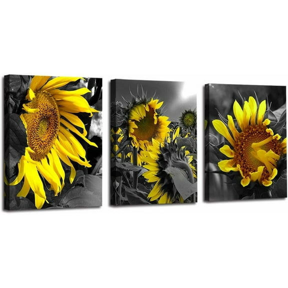Sunflowers Canvas Wall Art Yellow Flowers Pictures Modern Florals Black and White Painting Framed for Bathroom Bedroom Kitchen Dinning Room Living Room Home Office Wall Décor, 12"x16"x3 Panels