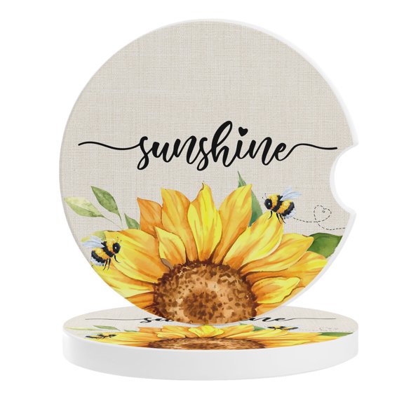 Sunflowers Car Coasters for Cup Holders Set of 2 Absorbent, 2.56" Ceramic Stone Drinks Cupholder Coasters with Finger Notch Farmhouse Bees Vintage Sunshine Summer Auto Interior Accessories for Women