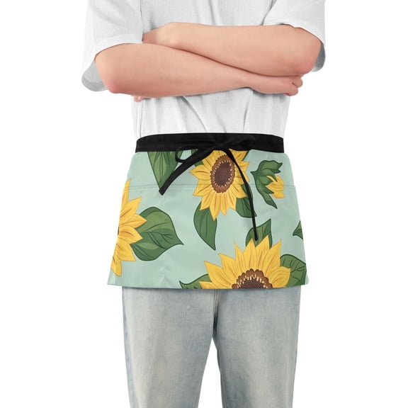 Sunflowers Cartoon Style Short Server Apron with 3 Pockets for Unisex Chef Gardening