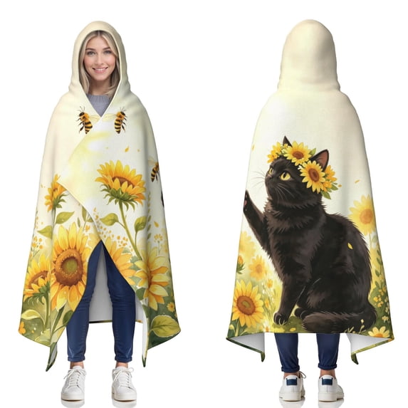 Sunflowers Cat Wearable Blanket Hoodies for Women Men Adults Cat Lovers Cozy Plush Bee Black Cats Hooded Blankets for Bedding Travel Decor Birthday Gifts 50×60 Inch