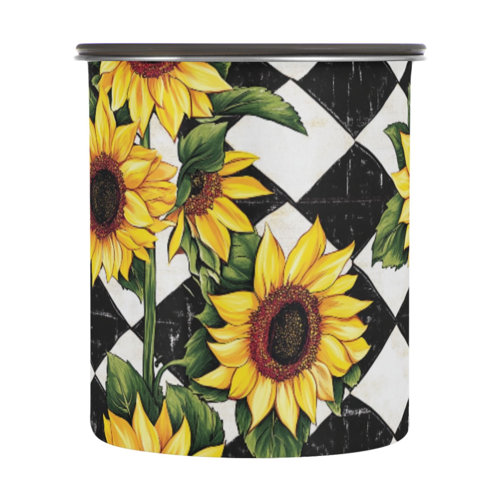 Sunflowers Checkered Airtight Coffee Bean Canister 30oz Food Storage Containers with Lids For Gournd, Tea, Sugar, Flour, Rice, Cereal, Candy Cookie Jar