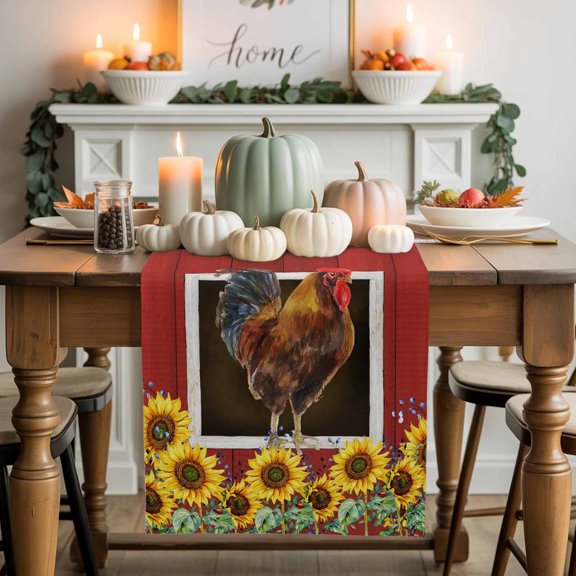 Sunflowers Chicken Cotton Linen Table Runner, Washable Table Runners for Kitchen, Dining Room, Holiday, Home Party Table Decor, 13x60 Inches