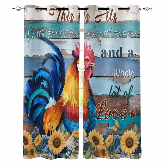 Sunflowers Chickens Blackout Curtains for Bedroom, Thermal Insulated Window Treatment, Farms Animal Wooden Grain Cabin Grommet Top Blackout Draperies and Drapes for Basement 27.5"x39" 2 Panels