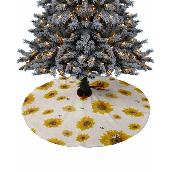 Sunflowers Christmas Tree Skirt 48 Inches Large Christmas Skirt Tree, Summer Bee Botanical Rustic Tree Skirt Christmas Decorations for Fireplace Party Holidays Indoor Outdoor