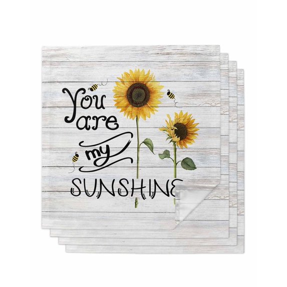 Sunflowers Cloth Napkins Set of 4 Reusable Dinner Napkins, Farmhouse Country Bee Wooden Grain Cocktail Napkin Washable Table Napkins for Wedding/Holiday Party/Baby Shower 20"x20"