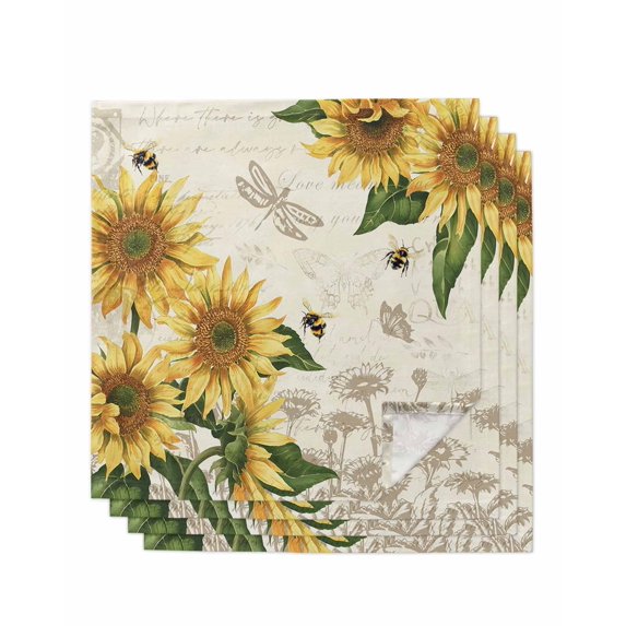 Sunflowers Cloth Napkins Set of 4 Reusable Dinner Napkins, Farmhouse Retro Butterfly Beige Yellow Cocktail Napkin Washable Table Napkins for Wedding/Holiday Party/Baby Shower 20"x20"