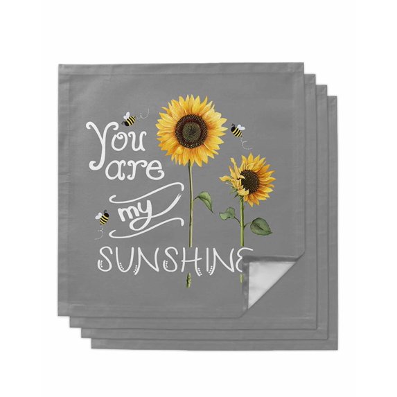 Sunflowers Cloth Napkins Set of 4 Reusable Dinner Napkins, Modern Bee You Are My Sunshine Grey Cocktail Napkin Washable Table Napkins for Wedding/Holiday Party/Baby Shower 20"x20"