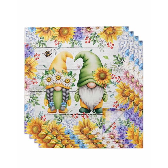 Sunflowers Cloth Napkins Set of 4 Reusable Dinner Napkins, Spring Flowers Gnomes Hydrangea Daisy Wood Cocktail Napkin Washable Table Napkins for Wedding/Holiday Party/Baby Shower 20"x20"