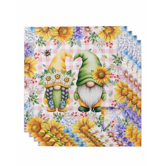 Sunflowers Cloth Napkins Set of 4 Reusable Dinner Napkins, Spring Gnomes Hydrangea Daisy Flowers Pink Plaid Cocktail Napkin Washable Table Napkins for Wedding/Holiday Party/Baby Shower 20"x20"