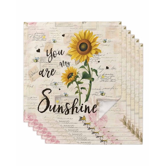 Sunflowers Cloth Napkins Set of 6 Reusable Dinner Napkins, Farmhouse Retro Botanical Floral Bee Love Heart Cocktail Napkin Washable Table Napkins for Wedding/Holiday Party/Baby Shower 20"x20"
