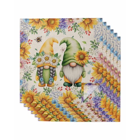 Sunflowers Cloth Napkins Set of 6 Reusable Dinner Napkins, Spring Gnomes Hydrangea Daisy Botanical Beige Cocktail Napkin Washable Table Napkins for Wedding/Holiday Party/Baby Shower 20"x20"