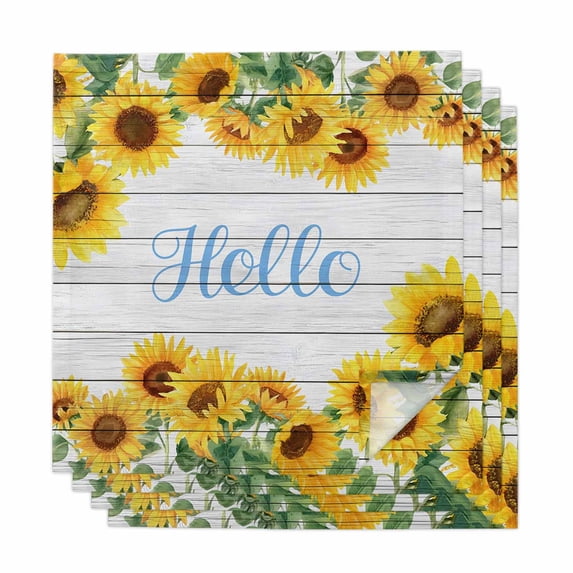 Sunflowers Cloth Napkins, Yellow Flowers Summer Botanical Pastoral Wooden Washable and Reusable Dinner Napkins Set of 4, Table Napkin for Kitchen Party Birthday Wedding Hotel Housewarming 20"x20"