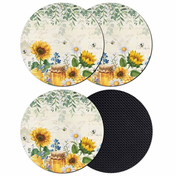 Sunflowers Coasters Set of 4, Absorbent Coasters for Drinks, Floral Green Leaves Bees Watercolor Coaster for Desk Coffee Table Protection, Home Decor House Warming Gifts 4"