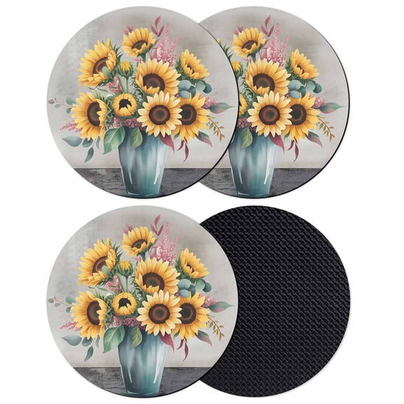 Sunflowers Coasters Set of 4, Absorbent Coasters for Drinks, Spring Botanical Yellow Floral Vases Retro Coaster for Desk Coffee Table Protection, Home Decor House Warming Gifts 4"