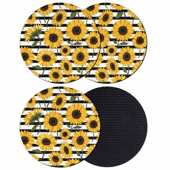 Sunflowers Coasters Set of 4, Absorbent Coasters for Drinks, Summer Vintage Country Floral Black White Stripes Coaster for Desk Coffee Table Protection, Home Decor House Warming Gifts 4"