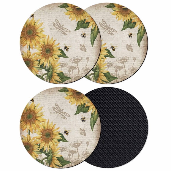 Sunflowers Coasters Set of 4, Soft Absorbent Coasters for Drinks, Vintage Yellow Floral Farm Butterfly Non-Slip Cup Coaster Mat with Rubber Bottom for Home Kitchen Desk Coffee Bar Table Decor 4"