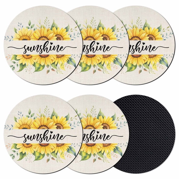 Sunflowers Coasters Set of 6, Absorbent Coasters for Drinks, Summer Country Yellow Botanical Floral Leaves Coaster for Desk Coffee Table Protection, Home Decor House Warming Gifts 4"