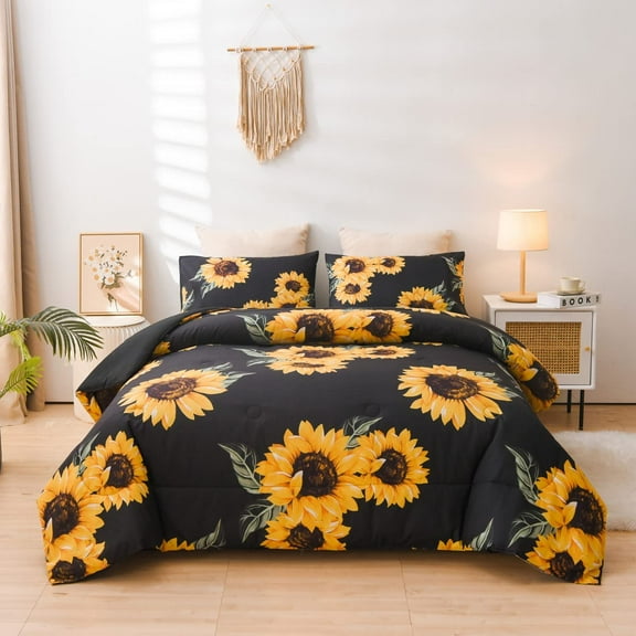 Sunflowers Comforter Set Yellow Floral Botanical 3-Pieces Microfiber Bedding Quilt for Girls Teens (White )