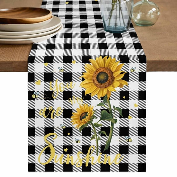 Sunflowers Cotton Linen Table Runner for Dining Kitchen, Spring Summer Bees Floral Black Plaid Wedding Outdoor Party Tablerunners Decoration, Dresser Scarf Coffee Tablecloth Runners 13x108 Inches