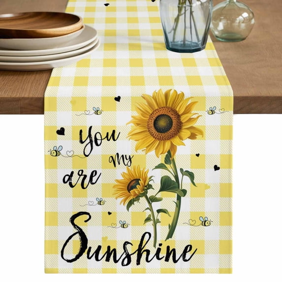 Sunflowers Cotton Linen Table Runner for Dining Kitchen, Spring Summer Bees Floral Yellow Plaid Wedding Outdoor Party Tablerunners Decoration, Dresser Scarf Coffee Tablecloth Runners 13x90 Inches