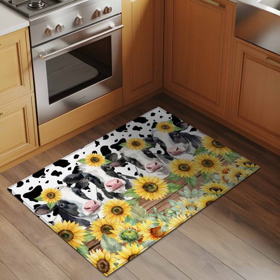 Sunflowers Cow 2x3 Rug for Entryway Front Door Kitchen Sink Area, Retro Country Floral Fence Black White Cow Texture Low Pile Washable Non Slip Rectangle Area Rug