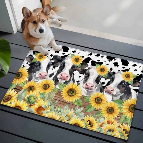 Sunflowers Cow Front Door Rugs 2x3 ft Retro Country Floral Fence Black White Cow Texture Small Rug for Entryway Non Slip Washable Bathroom Door Mat Absorbent Floor Mat for Indoor Entrance