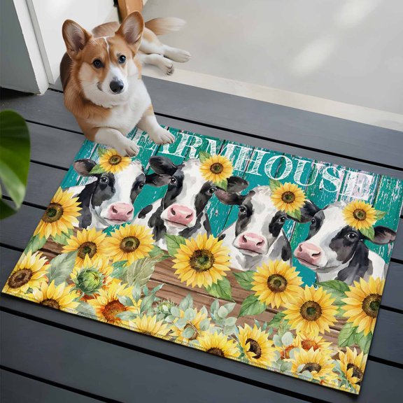 Sunflowers Cow Front Door Rugs 2x3 ft Retro Farmhouse Floral Cows Fence Green Wood Grain Small Rug for Entryway Non Slip Washable Bathroom Door Mat Absorbent Floor Mat for Indoor Entrance