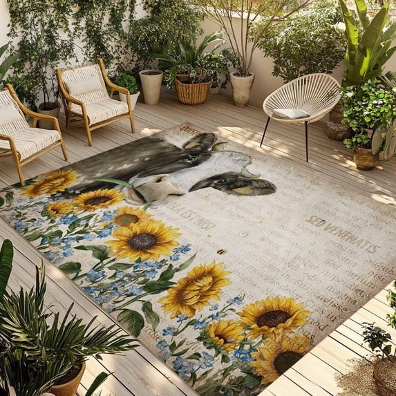 Sunflowers Cow Outdoor Rug for Patio/Deck/Porch, Non-Slip Large Area Rug 4 x 6 Ft, Vintage Farmhouse Animals Flowers Indoor Outdoor Rugs Washable Area Rugs, Reversible Camping Rug Carpet Runner