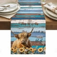 thumbnail image 1 of Sunflowers Cow Table Runner - 48 Inch Long, Kitchen Dining Table Runner Dresser Scarves, Blue Brown Wooden Blank Cabin Retro Farmhouse Decor for Coffee Tables Wedding Party Banquet, 1 of 8