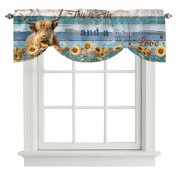 Sunflowers Cow Tie Up Valance Curtains for Windows, Kitchen Curtains Window Treatments, Blue Brown Wooden Blank Cabin Retro Short Window Shades Valances for Bedroom Bathroom Cafe 42"x12"