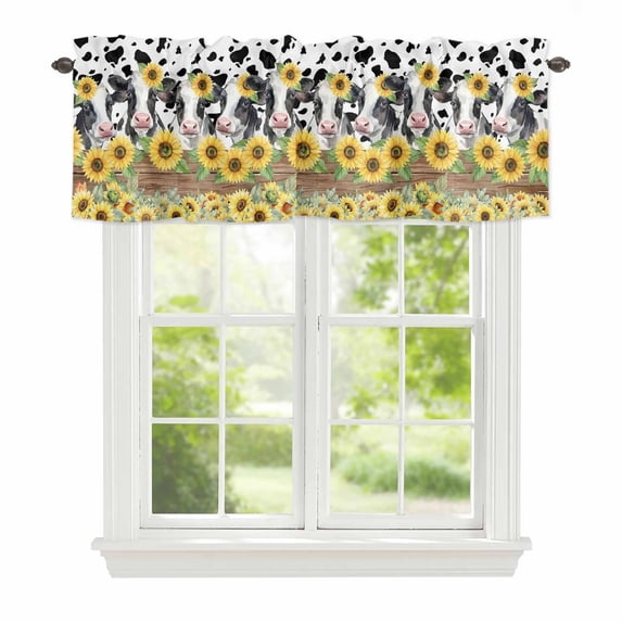 Sunflowers Cow Window Valance for Kitchen, Retro Country Floral Fence Black White Cow Texture Rod Pocket Short Curtain for Small Windows, Light Filtering Decorative Valance, 54 x 18 Inch, 1 Panel