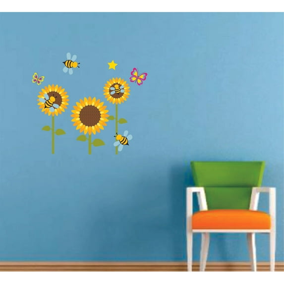 Sunflowers Cute Bees And Butterflies Decor Wall Sticker Art Design Decal for Girls Boys Kids Room Bedroom Nursery Kindergarten House Fun Home Decor Stickers Wall Art Vinyl Decoration (40x35 inch)
