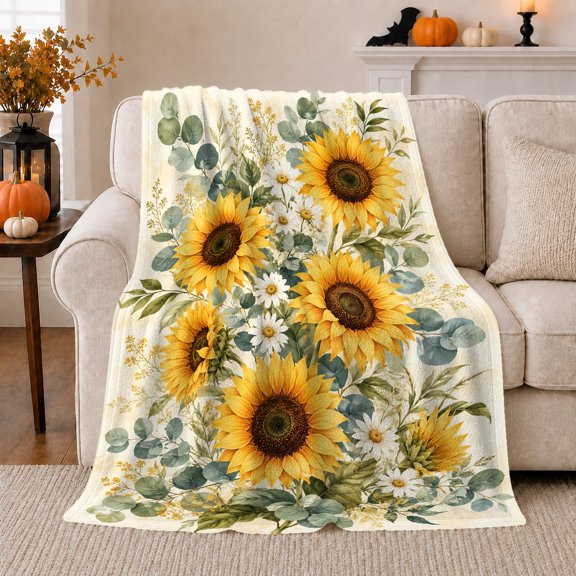 Sunflowers with Daisies and Eucalyptus, Cheerful Botanical Style for Flower Lovers, Golden Garden Bouquet Pattern and Mother's Day Gift, Soft Flannel Blanket for Sunroom and Bedroom, Home Decor