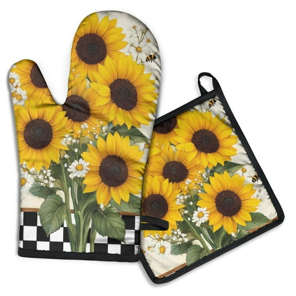 Sunflowers Daisies and Bees Kitchen Oven Mitt and Pot Holder Sets 2 Pcs for Baking, Cooking and Grilling, Heat Resistant Up To 392 °F