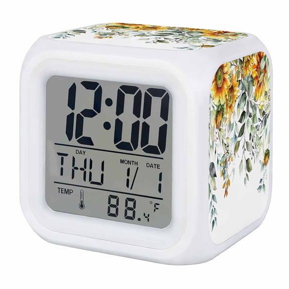 Sunflowers Digital Alarm Clock for Bedrooms,Smart LED Alarm Clock with 7 Color Night Light,Eucalyptus Leaves Spring Floral Summer Botancial Silent Wake Up Clocks for Sleep Study Cooking 3.2"x3.2"